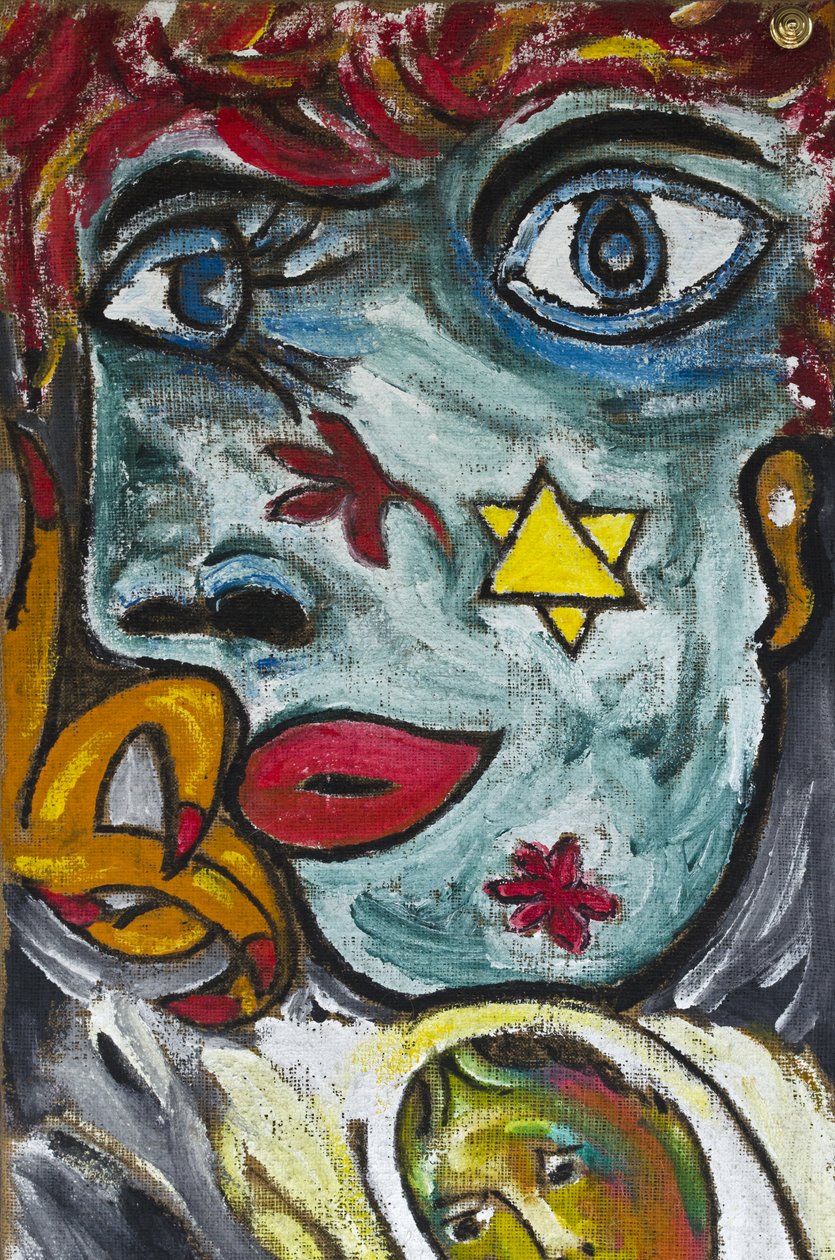 MENINA AZUL COM ESTRELA DE DAVID, 2012 (acrílico sobre tela de juta esticada numa moldura de madeira) de Ando Gilardi