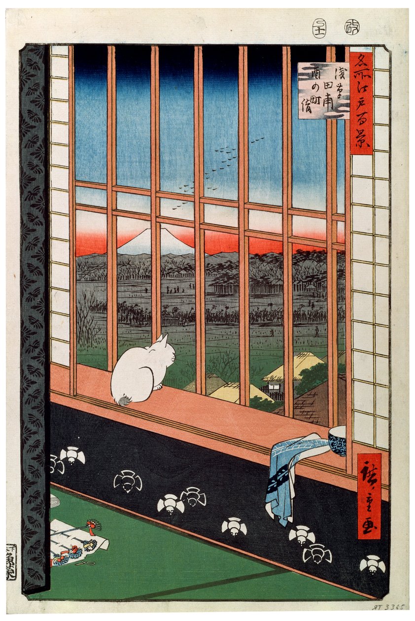 Um gato sentado no assento da janela, século XIX de Ando Hiroshige