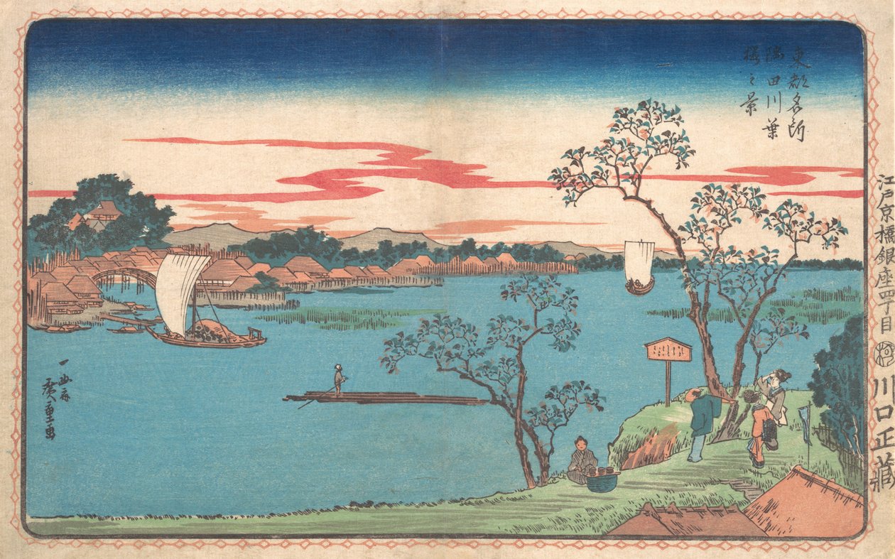 Uma vista de cerejeiras em folha ao longo do rio Sumida, 1831., 1831. de Ando Hiroshige