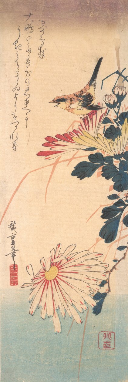 Uma carriça e crisântemos, ca. 1830., c. 1830. de Ando Hiroshige