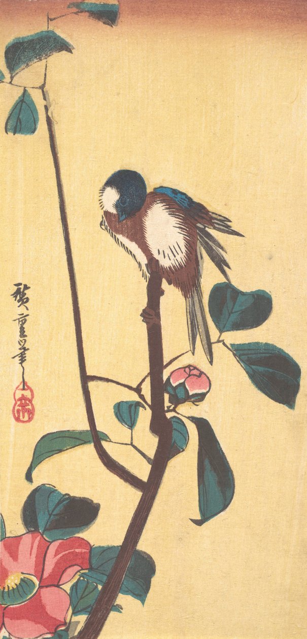 Camélia e pássaro de cabeça azul, ca. 1833., c. 1833. de Ando Hiroshige