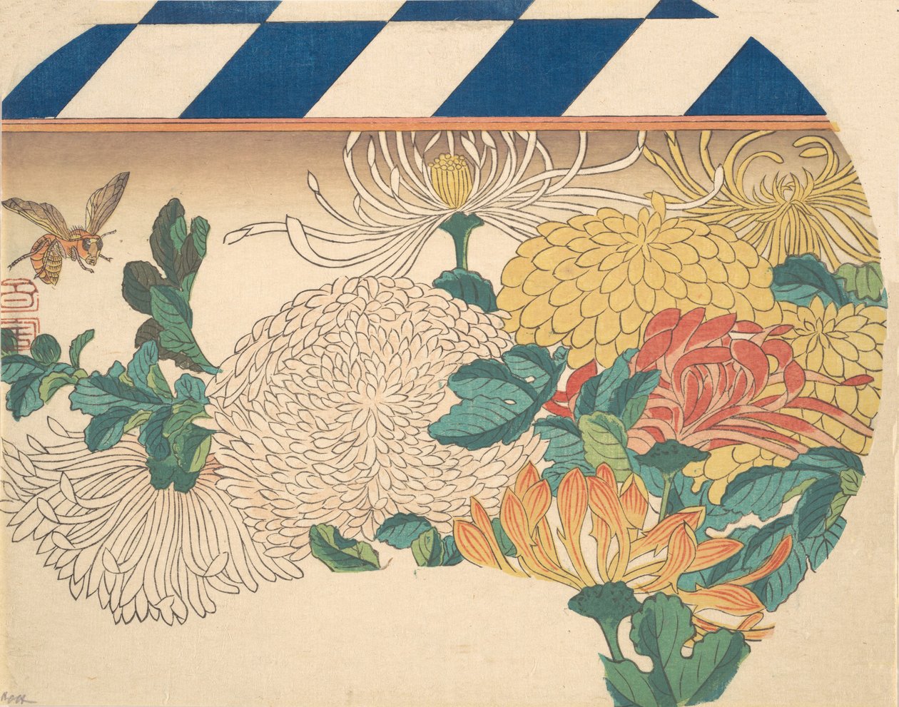 Crisântemos em design em forma de leque, década de 1840., década de 1840. de Ando Hiroshige