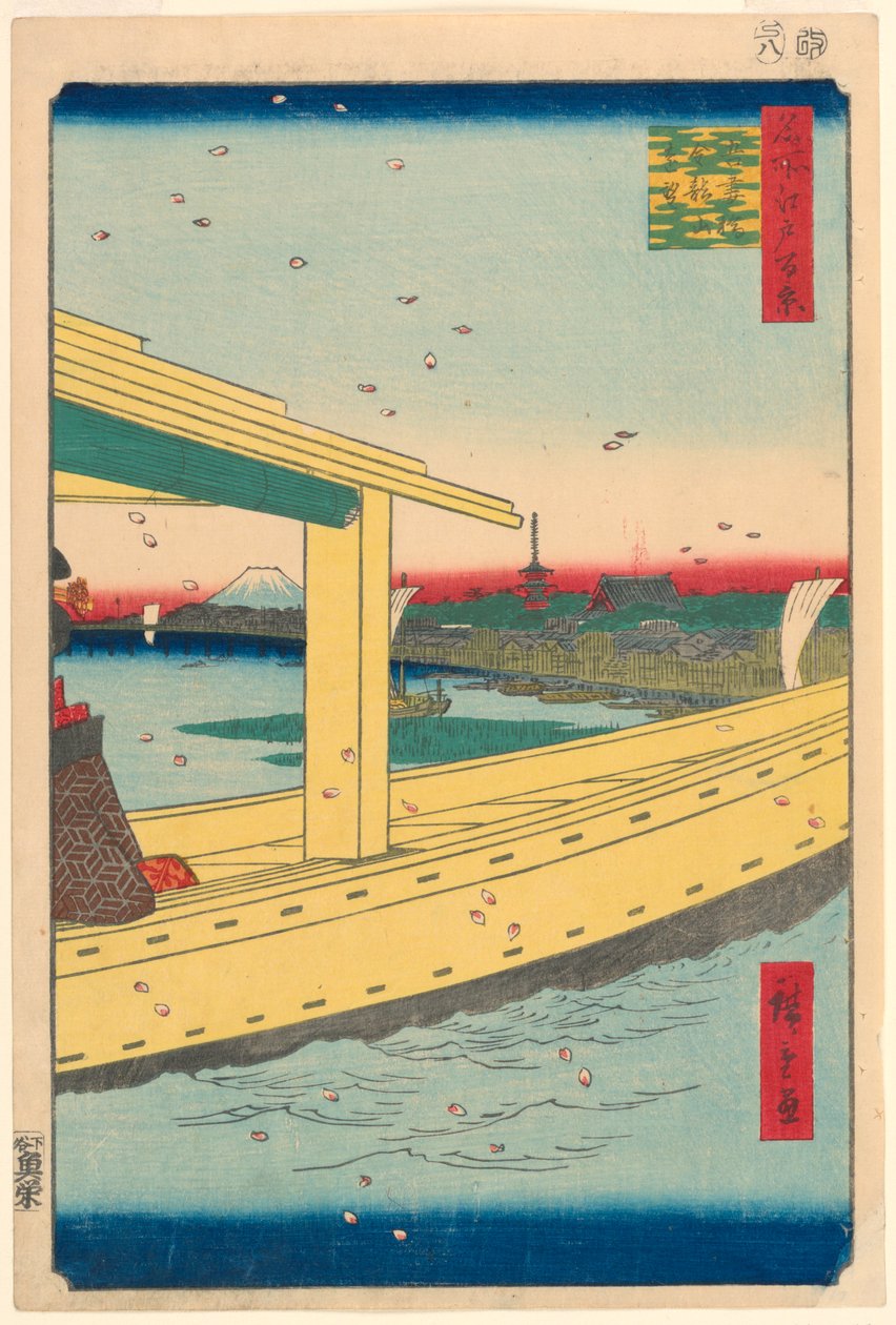 Vista Distante do Templo Kinryuzan da Ponte Azuma (Azuma-bashi, Kinryuzan embo) No.39 Da Série Cem Vistas famosas de Edo de Ando Hiroshige
