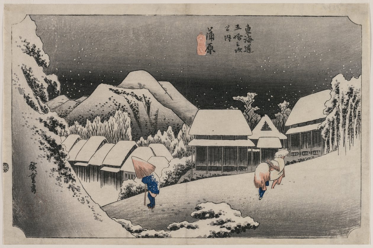 Evening Snow at Kambara número dezesseis da série Fifty-three Stations of the Tokaido, 1833. de Ando Hiroshige