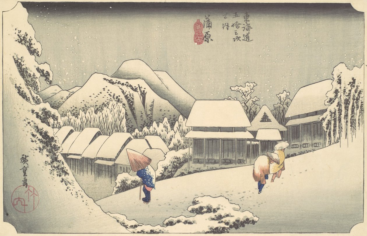 Evening Snow at Kanbara, da série Cinquenta e três estações do Tokaido, ca...., ca. 1833-34. de Ando Hiroshige
