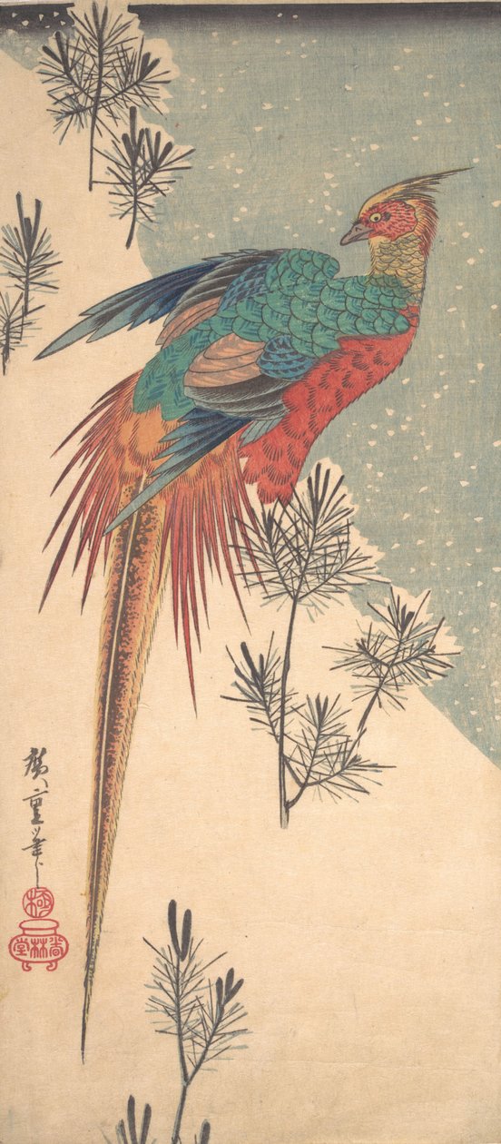 Faisão dourado e brotos de pinheiro na neve, ca. 1835., c. 1835. de Ando Hiroshige