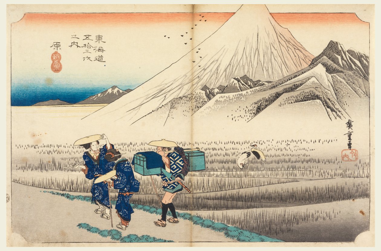 Hara, Fuji ao amanhecer, nas Cinquenta e Três Estações da Estrada Tokaido (Tokaido Gojusan Tsugi-no Uchi) de Ando Hiroshige