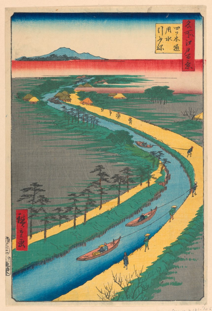 Transportando barcos de canal, Yotsugi Road (Yotsugi-dori, yosui hikifune) Da série Cem vistas famosas de Edo de Ando Hiroshige