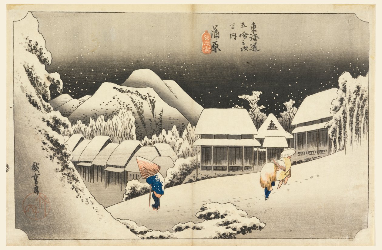 Kambara, Snow at Twilight, em The Fifty-Three Stations of the Tokaido Road (Tokaido Gojusan Tsugi-no Uchi) de Ando Hiroshige