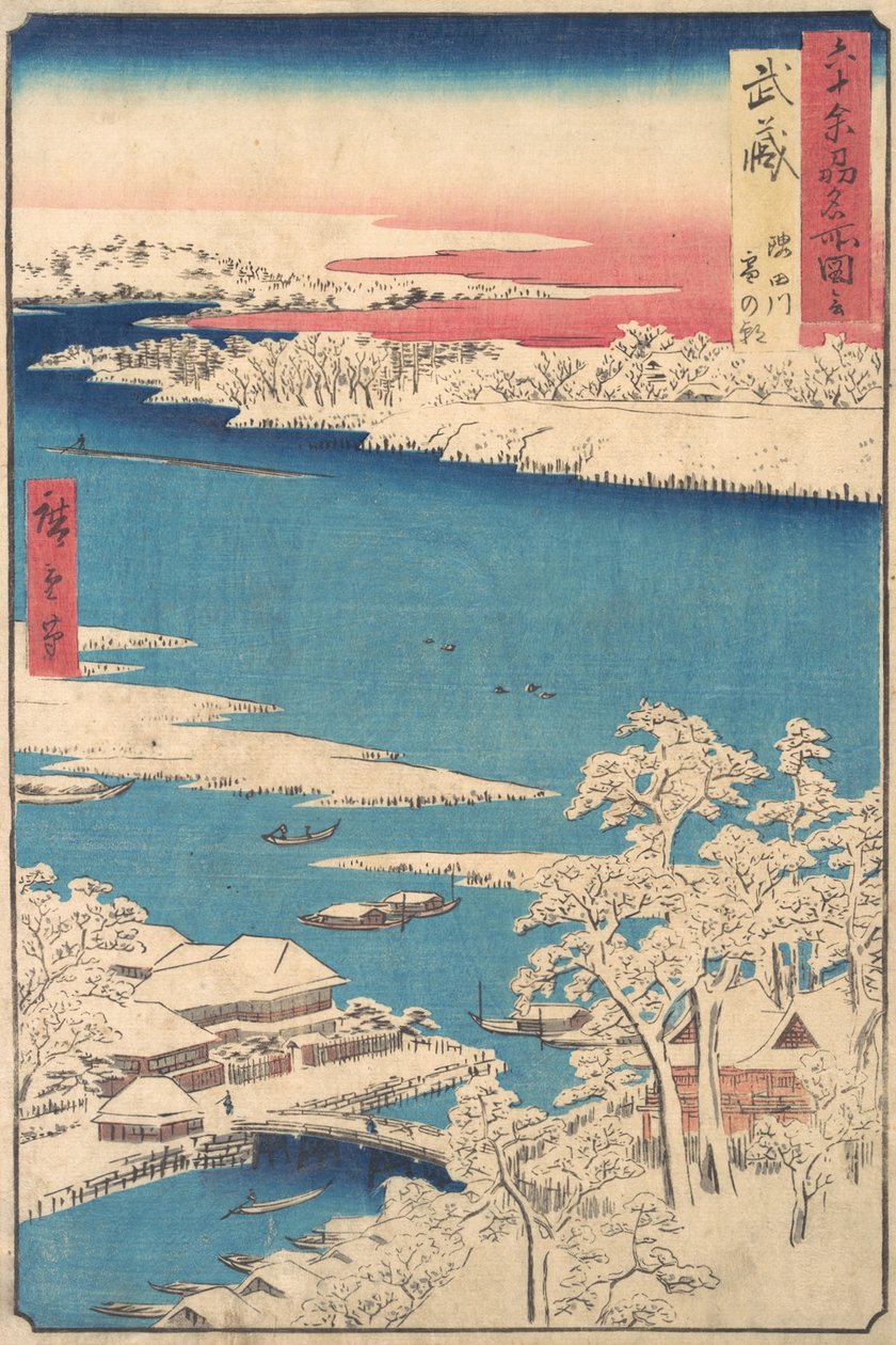 Manhã depois de uma queda de neve, o rio Sumida, província de Musashi, da série Views o..., ca. 1853. de Ando Hiroshige