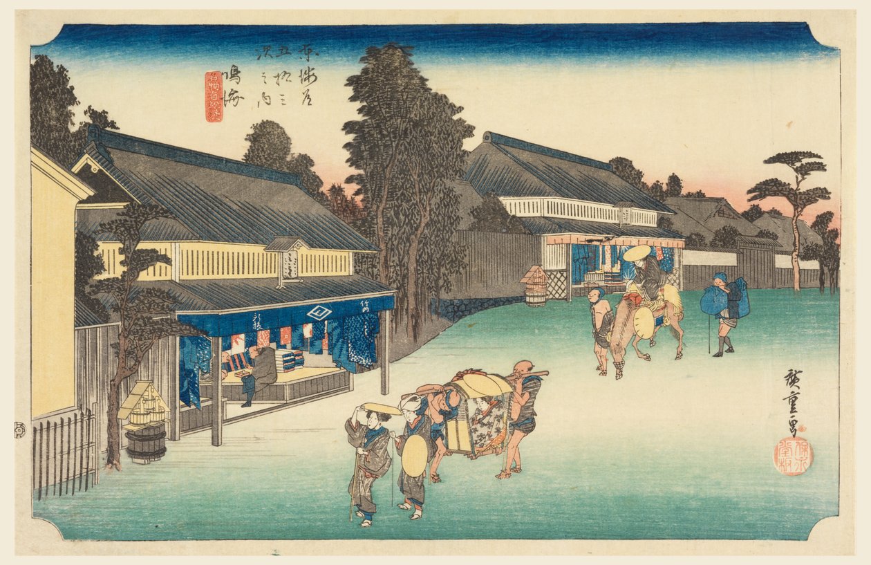 Narumi, um lugar famoso por seu pano, nas cinquenta e três estações da estrada Tokaido (Tokaido Gojusan Tsugi-no Uchi) de Ando Hiroshige