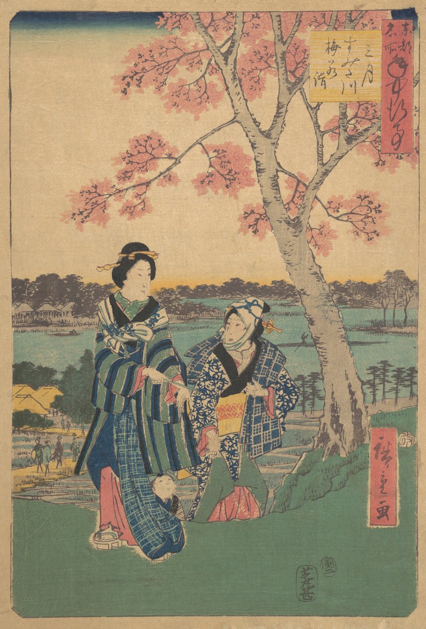 Vista da flor de ameixa no terceiro mês no rio Sumida da série Annual Events at F..., 1854. de Ando Hiroshige