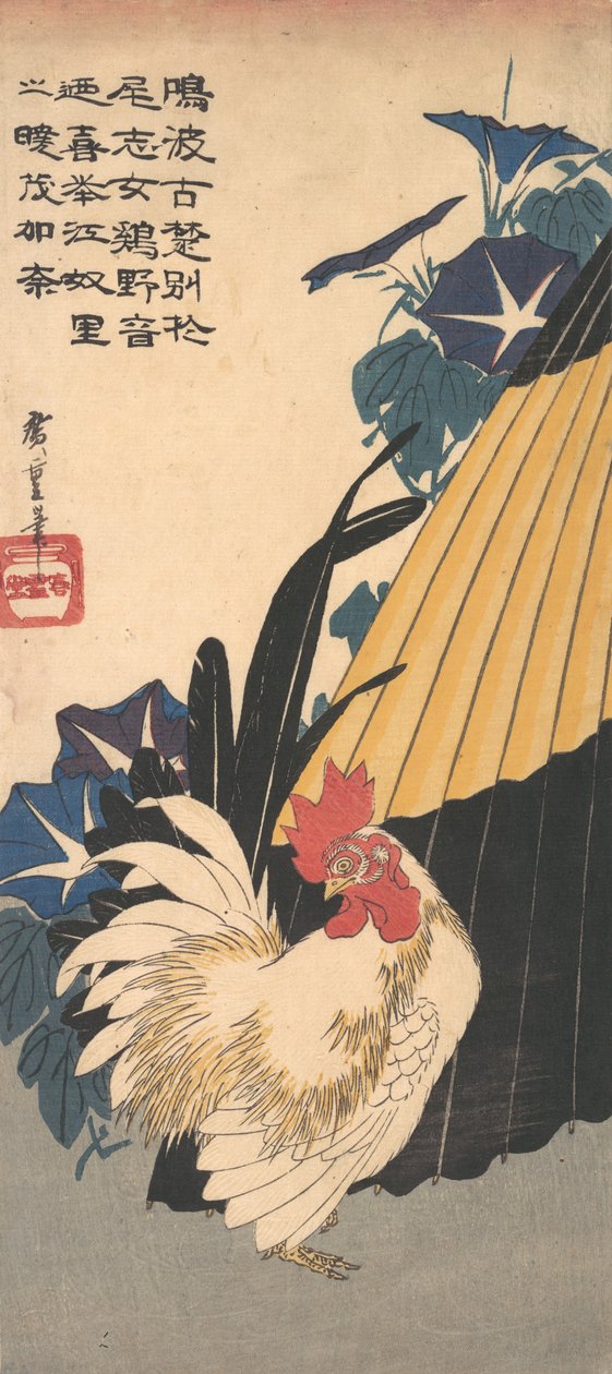 Galo, guarda-chuva e glórias da manhã, ca. 1830., c. 1830. de Ando Hiroshige