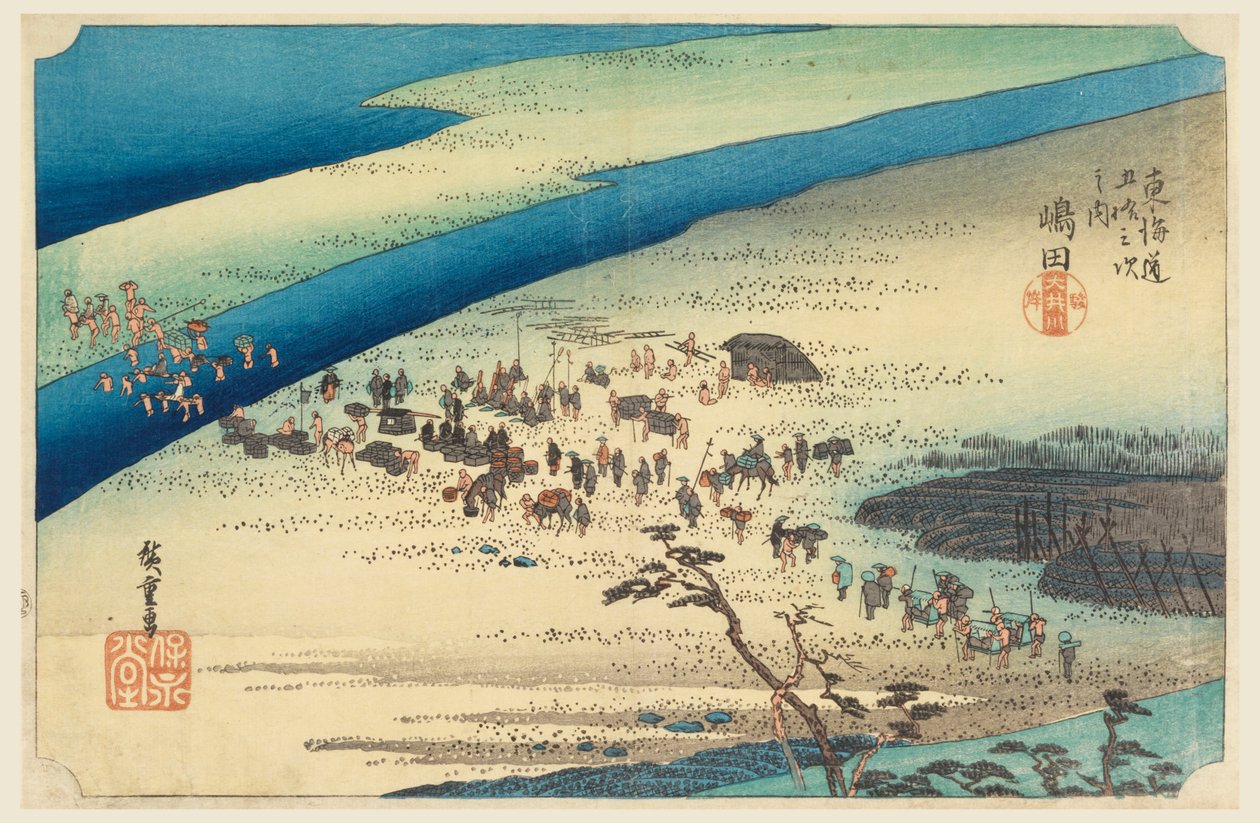 Shimada, viajantes que cruzam o Oigawa, nas cinquenta e três estações da estrada de Tokaido (Tokaido Gojusan Tsugi-no Uchi) de Ando Hiroshige