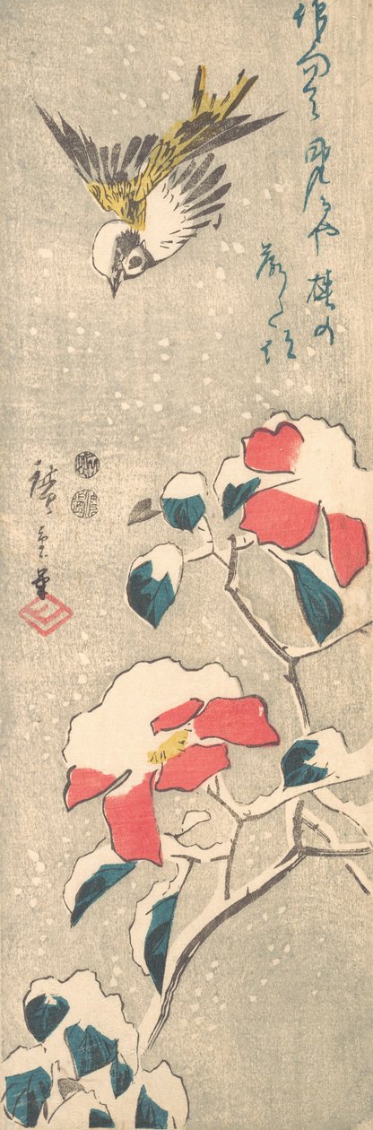 Pardal e Camélia Tsubaki coberta de neve, ca. 1845., c. 1845. de Ando Hiroshige