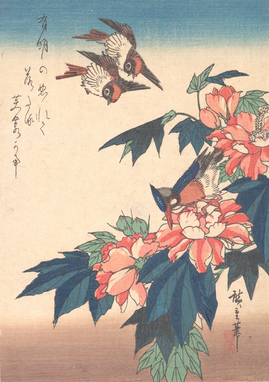 Andorinhas e Martim-pescador com Rose Mallows, ca. 1838., c. 1838. de Ando Hiroshige
