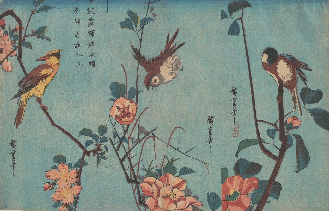Chapim e camélias à direita, pardal e rosas silvestres ao centro, e oriolinha-de-napo-preto..., ca. 1833. de Ando Hiroshige