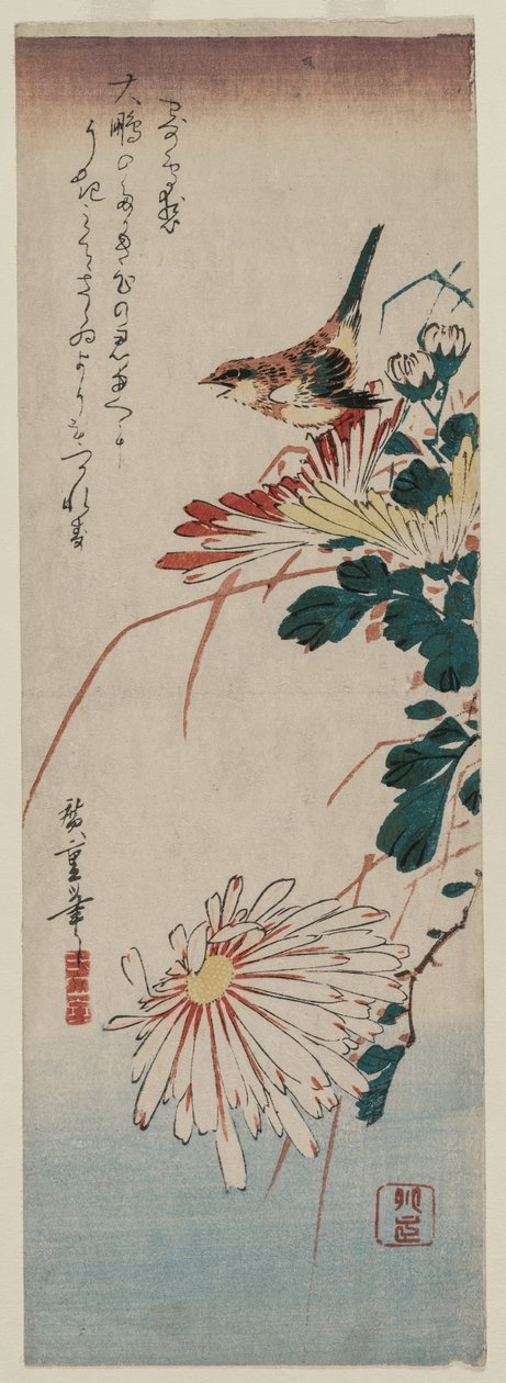 Toutinegra e crisântemos, meados da década de 1830. de Ando Hiroshige