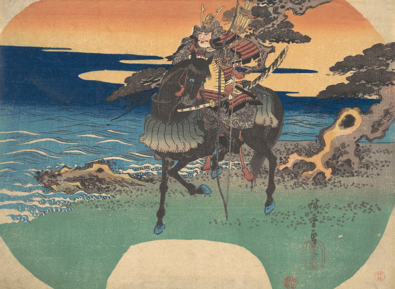 Guerreiro montando cavalo preto ao longo da costa do mar, ca. 1835., c. 1835. de Ando Hiroshige