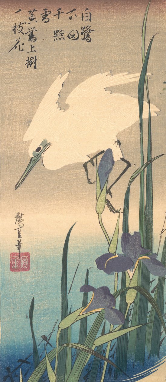 Garça-branca e íris. de Ando Hiroshige