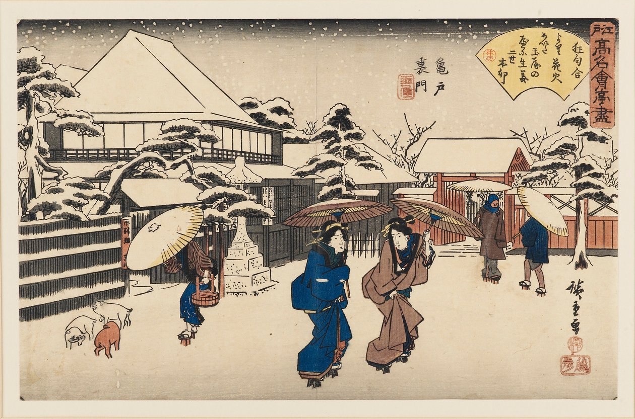 Gravura em xilogravura - Damas na neve, 1797-1858 de Ando Hiroshige