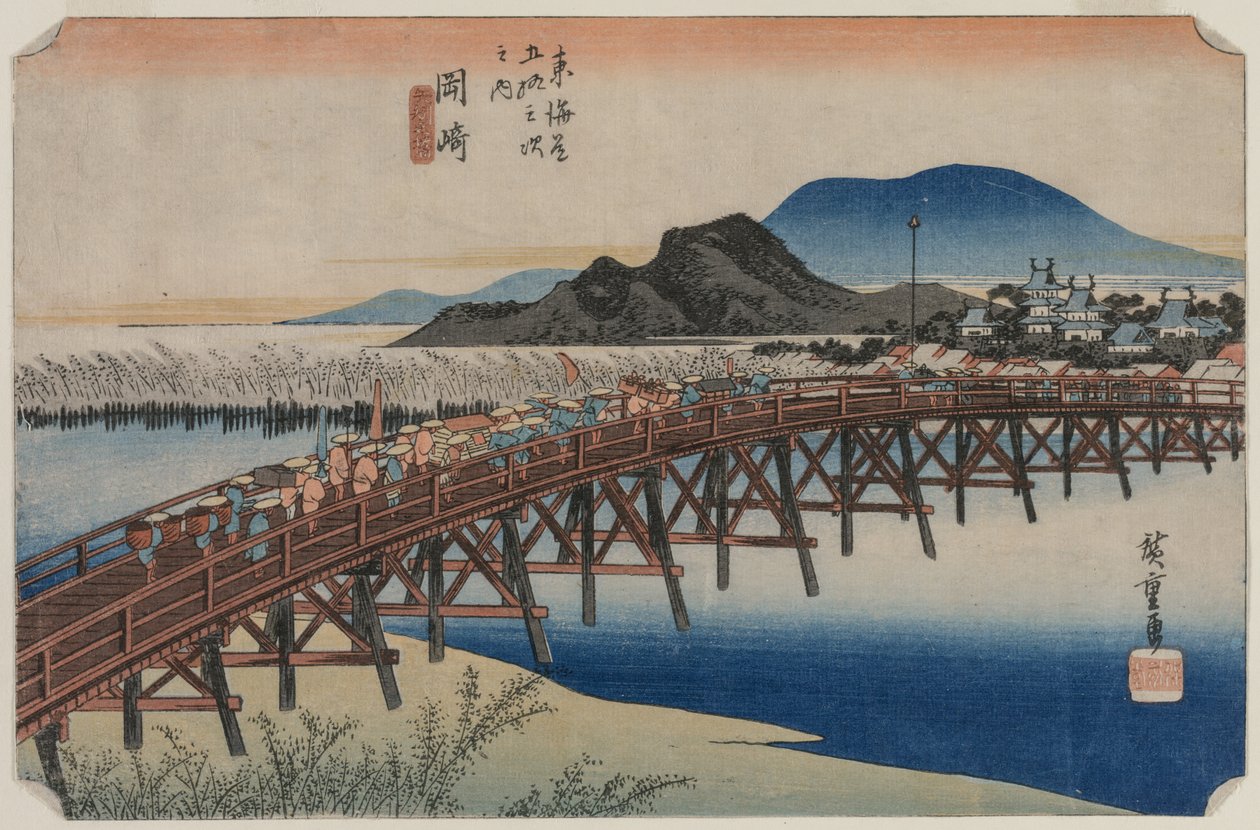 Ponte Yahagi na estação 39 de Okazaki, da série cinquenta e três estações do Tokaido, 1833. de Ando Hiroshige