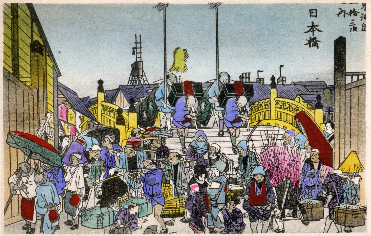 Geografia. Japão. O brilho da manhã em Nihonbashi (1ª estação). Xilogravura de Hiroshige em: Fifty Three Stations of the Tokaido (1833-1834). Postal, Japão, c.1900 (postal) de Ando or Utagawa (after) Hiroshige