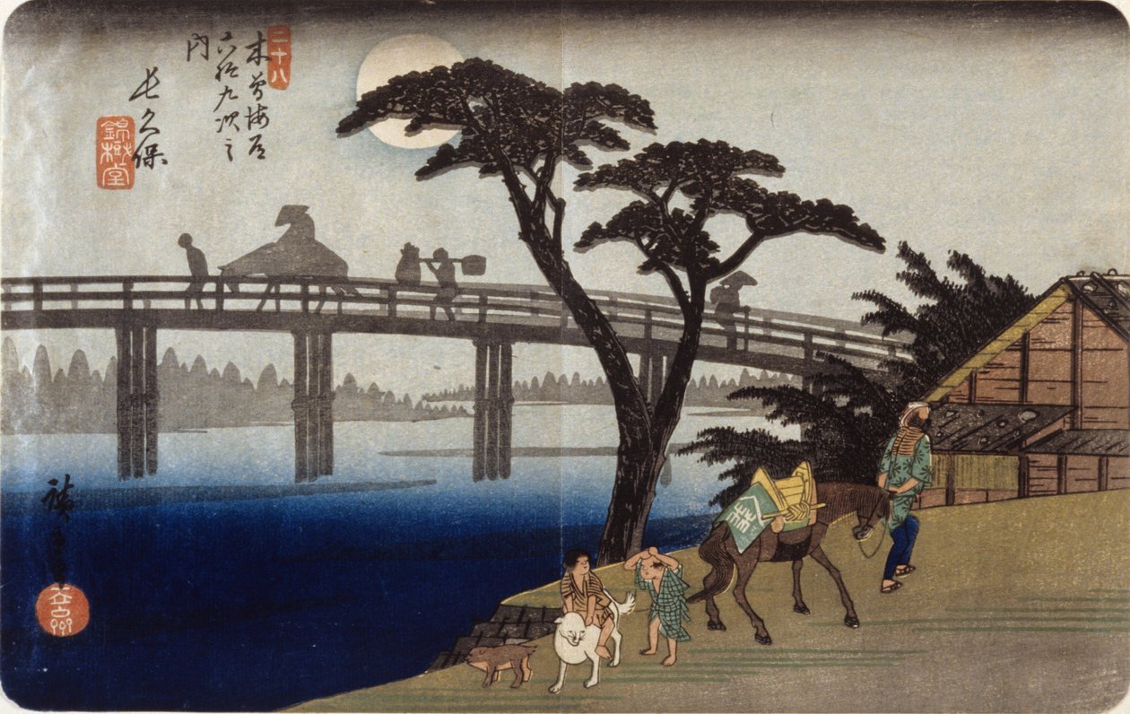 (Silouetas cinzentas na ponte) de Ando or Utagawa Hiroshige