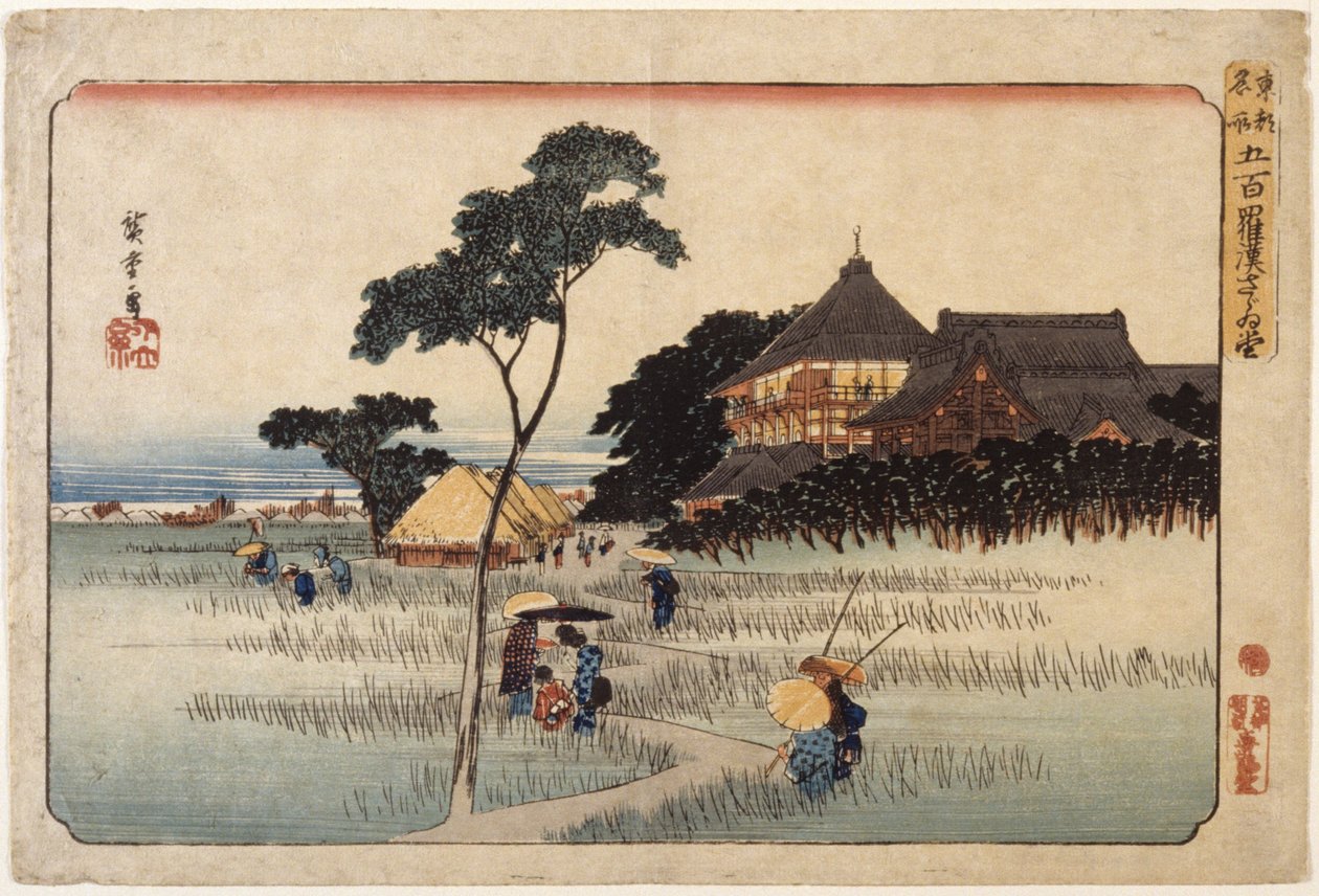 (Grande Edifício W/Huts Below) de Ando or Utagawa Hiroshige
