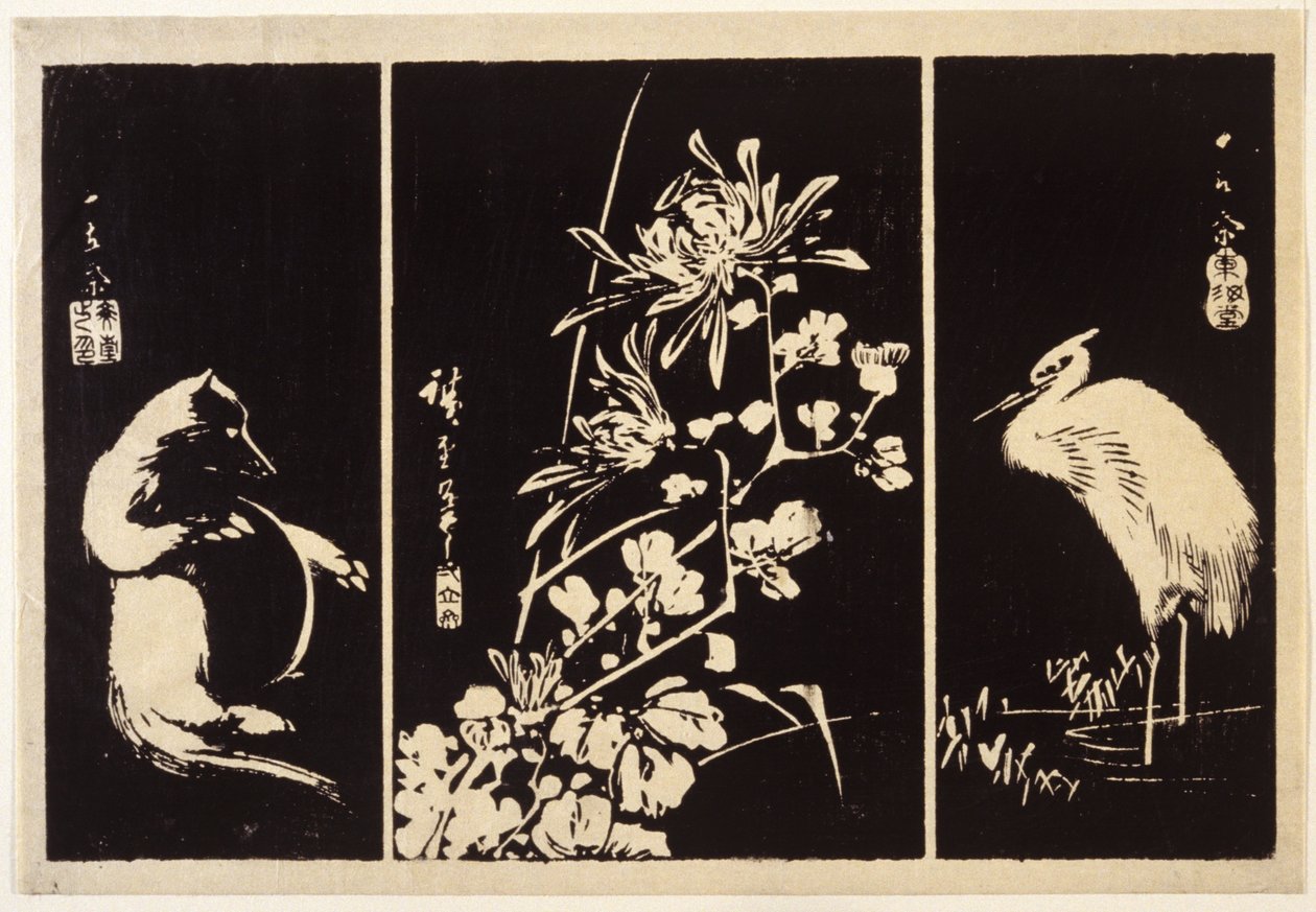 Texugo, Crisântemo e Guindaste de Ando or Utagawa Hiroshige