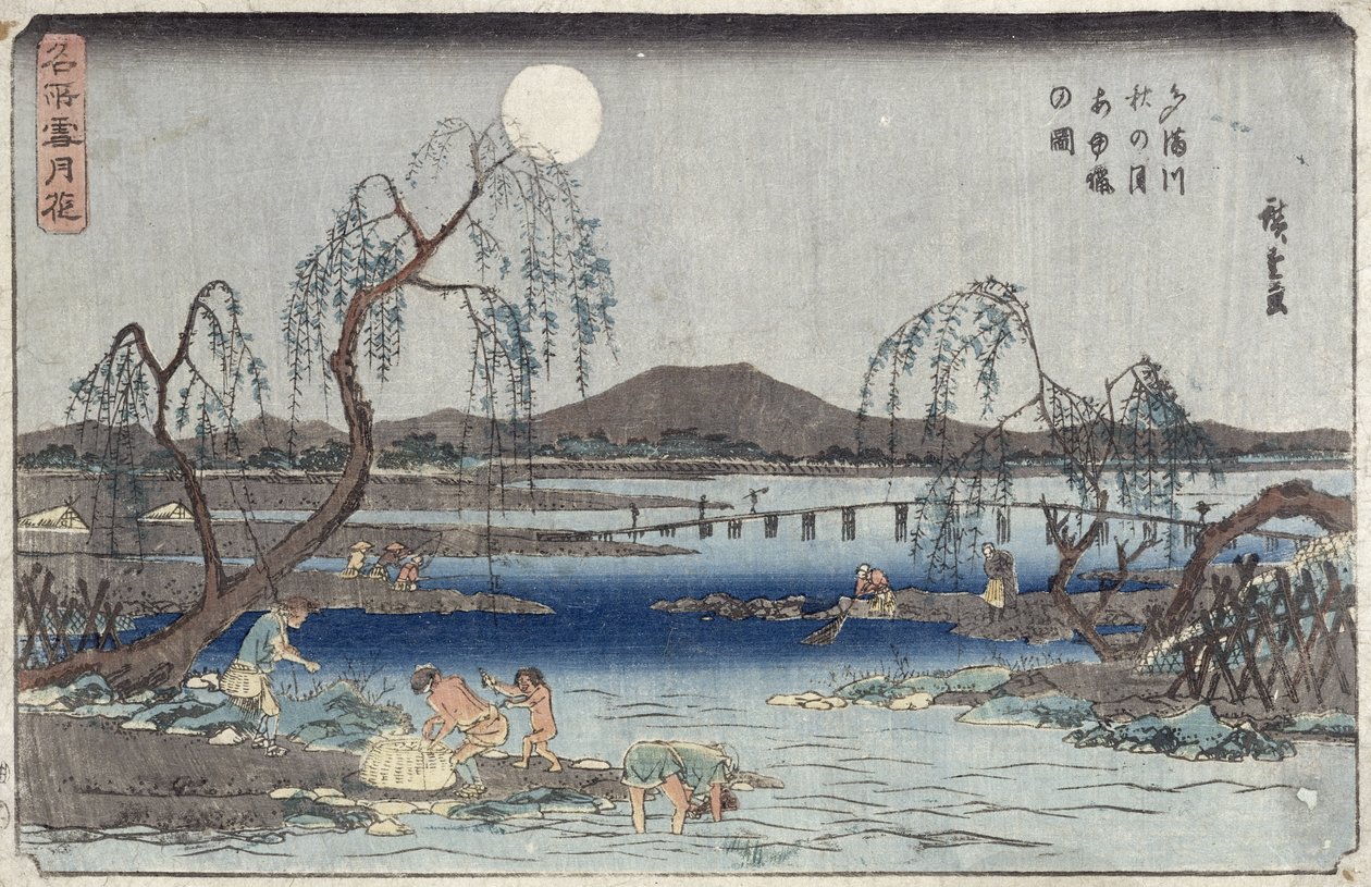 Pescando peixes ao luar no rio Tama, da série &39;Neve, lua e flores&39; (&39;Settsu Gekka&39;) (xilogravura) de Ando or Utagawa Hiroshige