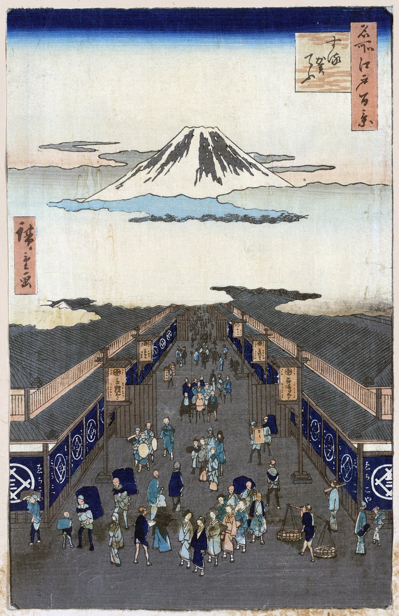 "Cem vistas famosas de Edo (actualmente Tóquio): Vista de Surugacho (Suruga cho, Suruga-cho). Vista da cidade de Tóquio no Japão com o Monte Fuji como pano de fundo. (Surugacho (Cem Vistas Célebres de Edo). Impressão japonesa de Utagawa Hiroshige (1797-185 de Ando or Utagawa Hiroshige