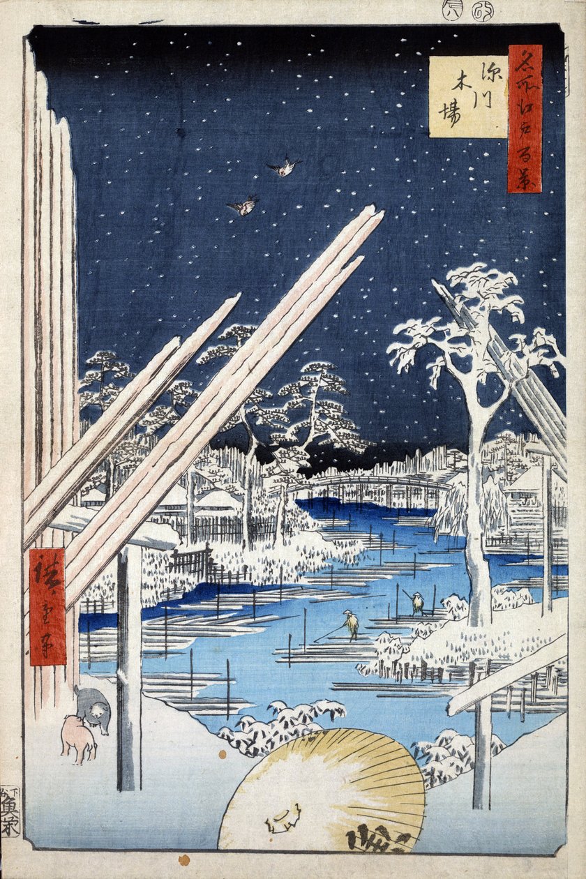 ""Cem vistas famosas de Edo"": Lumberyard em Fukagawa. Vista da cidade de Tóquio no Japão (Lumberyards at Fukagawa (Cem vistas famosas de Edo). Gravura japonesa de Utagawa Hiroshige (1797-1858) de Ando or Utagawa Hiroshige