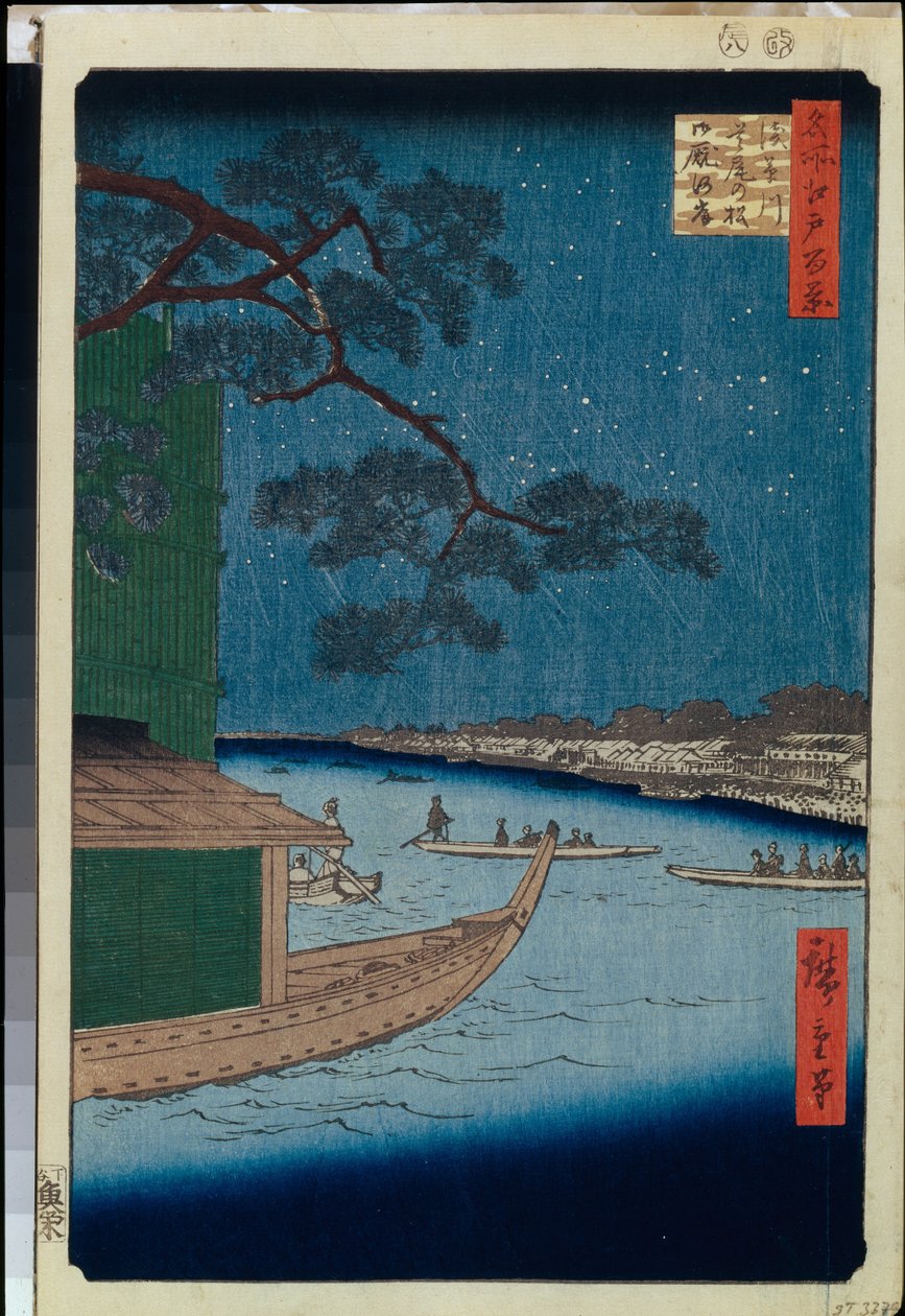 Der Kiefernbaum des Erfolgs und Oumayagashi am Asakusa-Fluss (Hundert berühmte Ansichten von Edo) von Ando or Utagawa Hiroshige