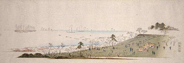 Cherry-Blossom Time, People Picnicking at Gotenyama (impressão a cores de bloco de madeira) de Ando or Utagawa Hiroshige