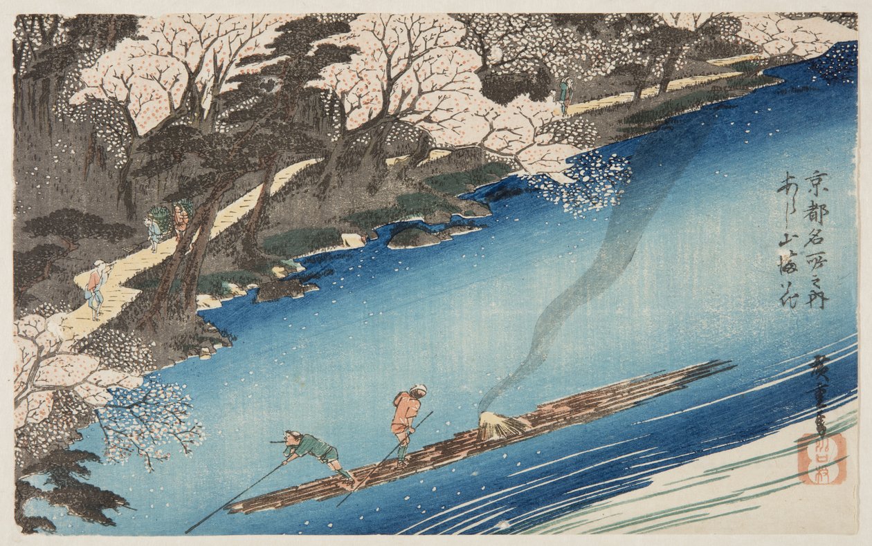 Flores de cerejeira em floração total em Arashiyama (Arashiyama manka) (impressão em bloco de madeira colorida) de Ando or Utagawa Hiroshige