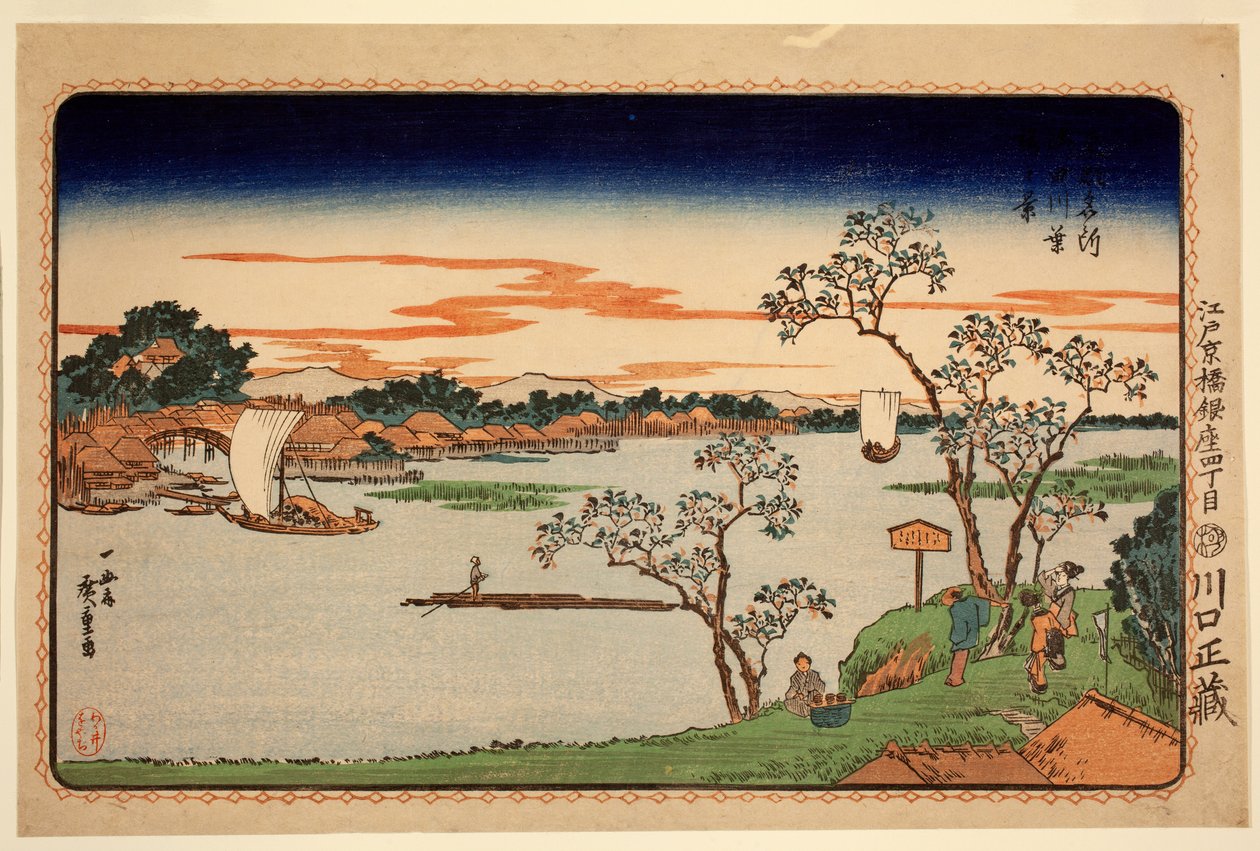 Cerejeiras em Folha ao Lado do Rio Sumida, da série Sites Famosos da Capital Oriental, c.1831 (impressão em bloco de madeira colorida) de Ando or Utagawa Hiroshige