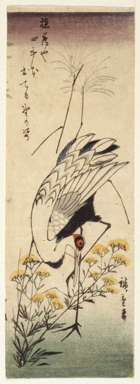 Guindaste com mostarda selvagem (impressão a cores de bloco de madeira) de Ando or Utagawa Hiroshige