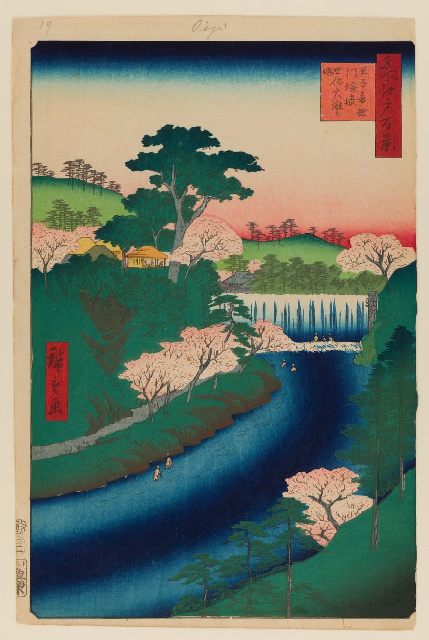 Barragem no rio Otonashi em Oji de Ando or Utagawa Hiroshige