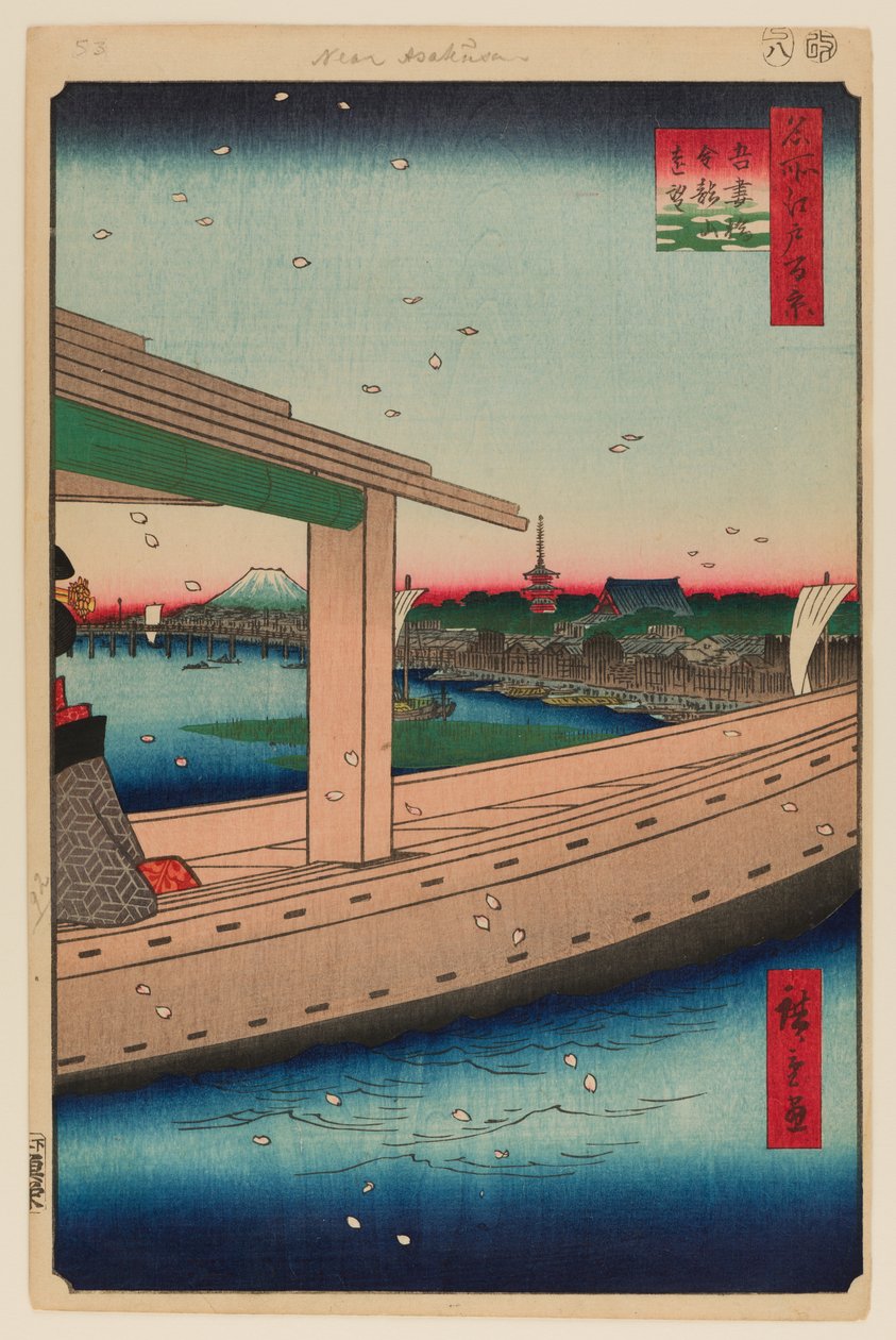 Vista ao longe do Templo Kinryuzan e da Ponte Azuma (Azumabashi Kinryuzan Enbo) de Ando or Utagawa Hiroshige