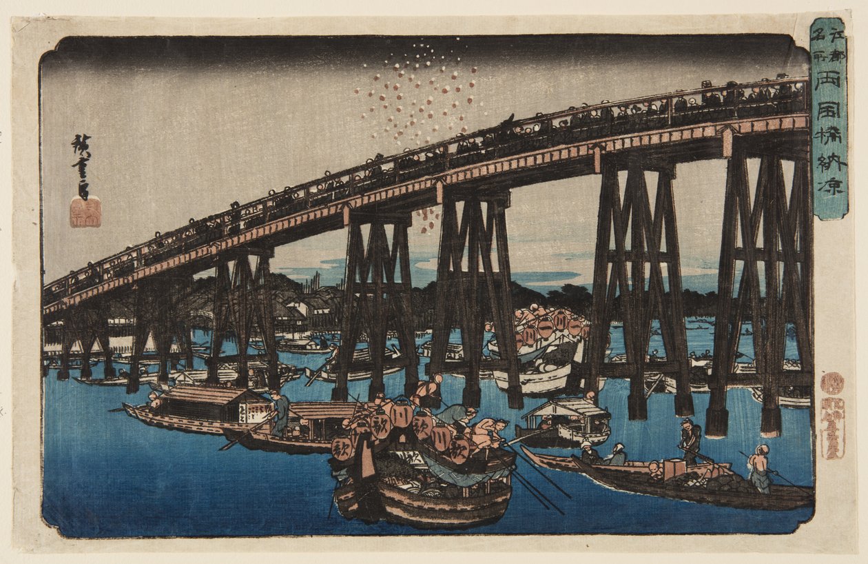 Desfrutando do Cool Noturno na Ponte Ry?goku (Ry?goku-bashi n?ry?) (impressão em bloco de madeira colorida) de Ando or Utagawa Hiroshige