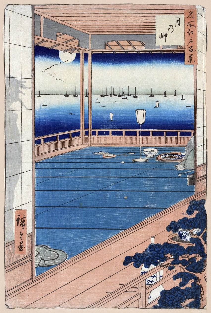 Impressão japonesa: Moonlight. Luz da Lua. Cem Vistas Famosas de Edo. Obra de Utagawa Hiroshige (1797-1858), xilogravura de Ando or Utagawa Hiroshige