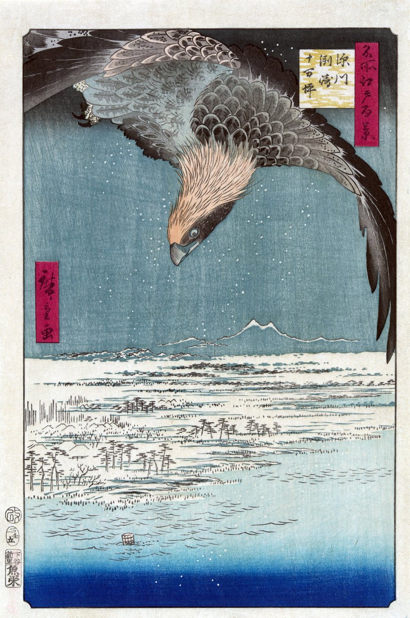 Estampe japonês: La plaine Juman Tsubo a Susaki, Fukagawa (Tóquio, Japão). Série cent vues celebres d