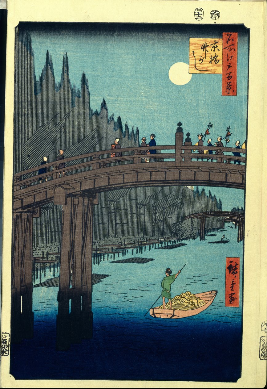 Impressão em xilogravura japonesa: The Bamboo Wharf da ponte Kyobashi (Tóquio, Japão). Série cem vistas famosas de Edo. (Bamboo Quay pela ponte Kyobashi, cem vistas famosas de Edo). Obra de Utagawa Hiroshige (1797-1858), xilogravura (39x26 cm) de Ando or Utagawa Hiroshige