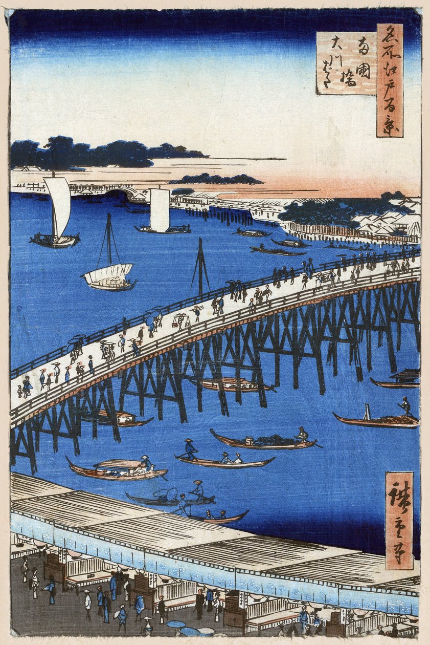 Impressão em xilogravura japonesa: As margens do rio na ponte Ryogoku (Tóquio, Japão). Série cem vistas famosas de Edo. (Margem do rio na ponte Ryogoku. Cem vistas famosas de Edo). Obra de Utagawa Hiroshige (1797-1858), xilogravura de Ando or Utagawa Hiroshige