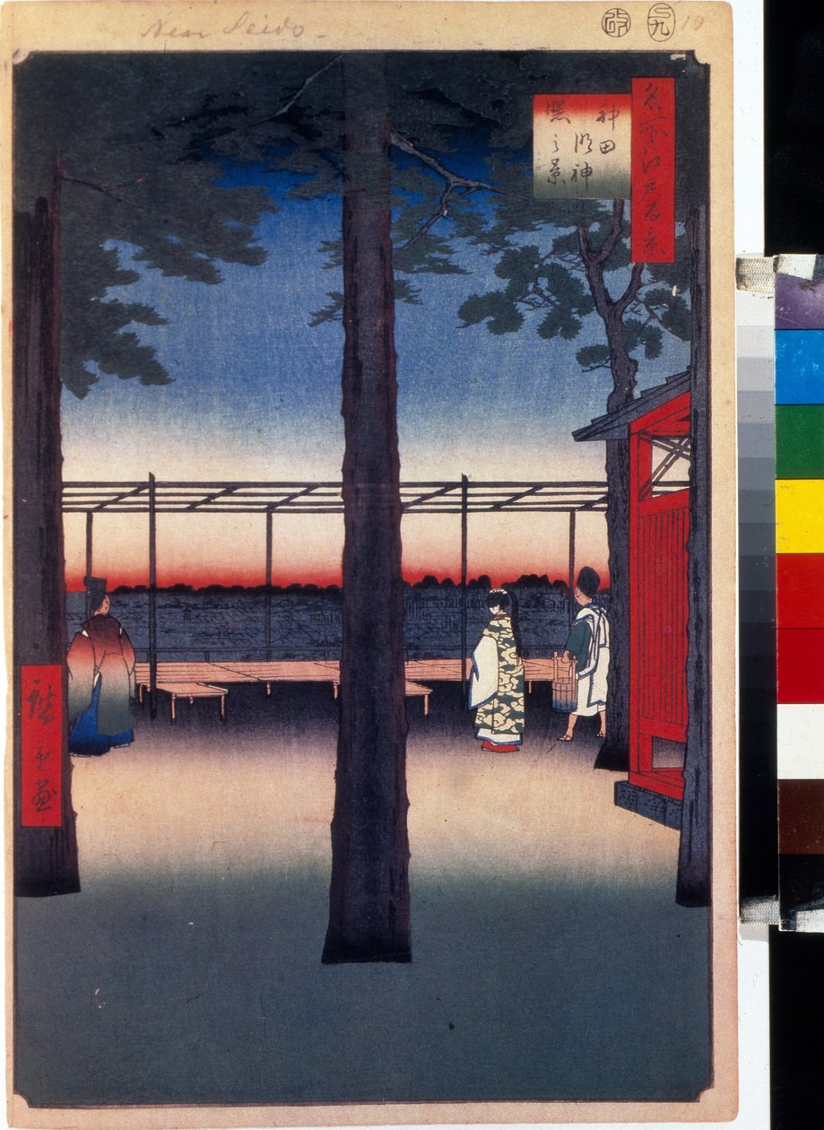 Impressão japonesa: Alvorada no Santuário de Kanda Myojin (Tóquio, Japão). Alvorada no Santuário de Kanda Myojin, Cem Vistas Famosas de Edo. Obra de Utagawa Hiroshige (1797-1858), xilogravura (39x26 cm) de Ando or Utagawa Hiroshige
