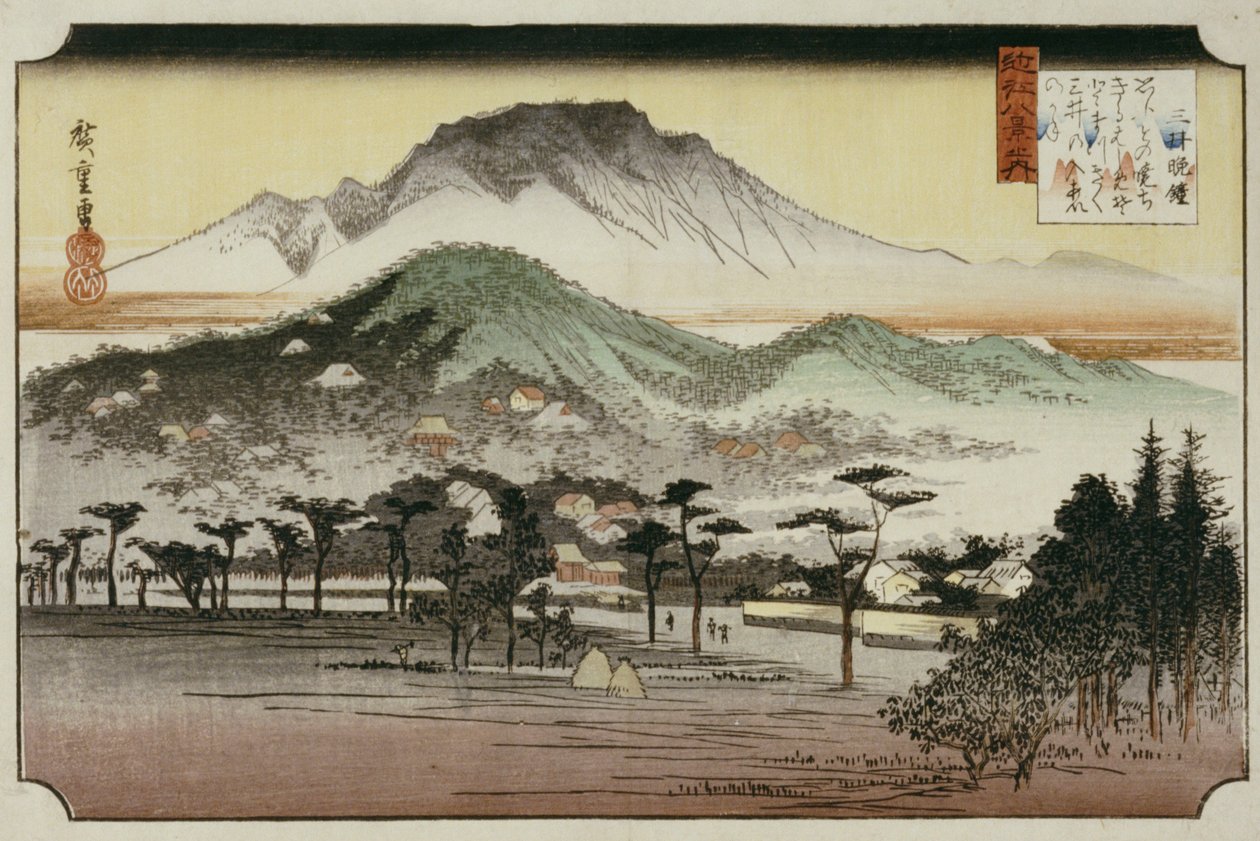 Sino da noite no templo Mii, da série "Oito vistas do lago Biewa" de Ando or Utagawa Hiroshige