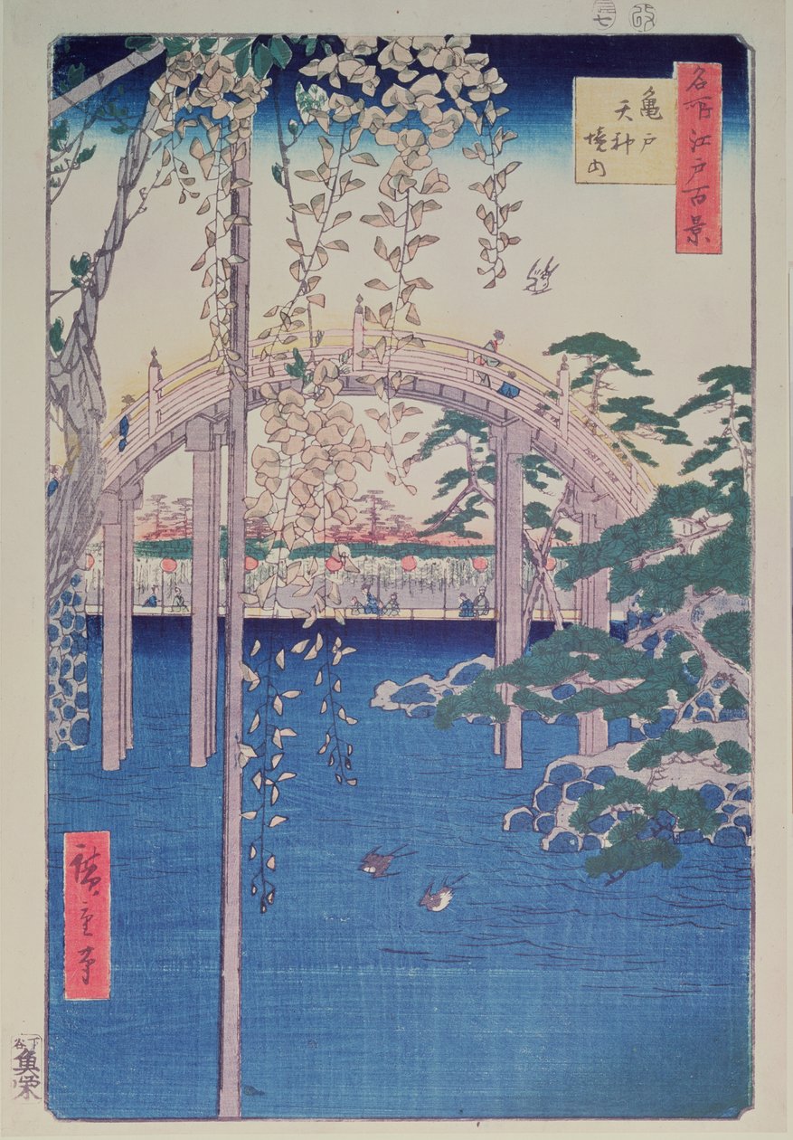 Passarela sobre o rio com wisteria em primeiro plano em plena floração de Ando or Utagawa Hiroshige