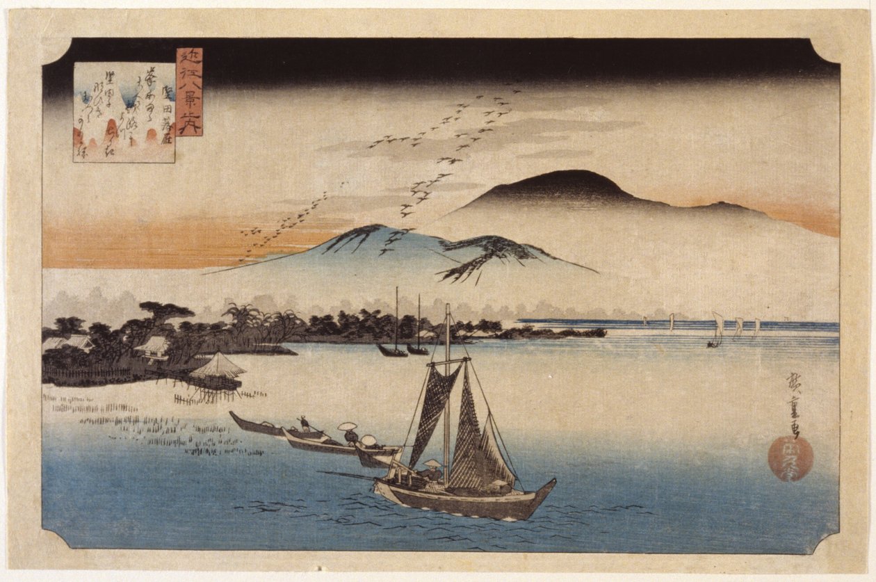 Geese Homing At Katata (impressão em bloco de madeira a cores) de Ando or Utagawa Hiroshige