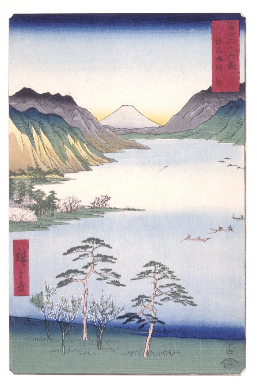 Lago Suwa na província de Shinano (Shinano Suwa No Ko) (impressão em bloco de madeira a cores) de Ando or Utagawa Hiroshige